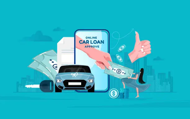 Vector illustration of Happy woman with approved car loan and new modern auto.