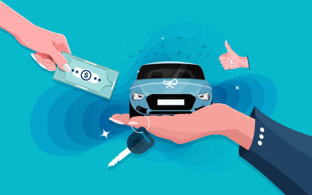 istock Hand holding car in palm and key on finger 1497334212