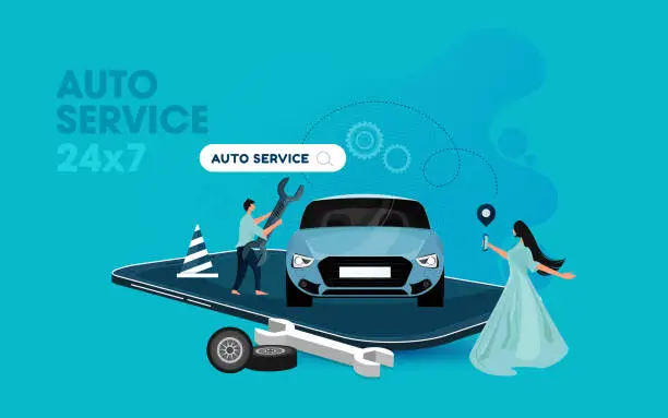 Vector illustration of Male and female characters are using online car service on smartphone