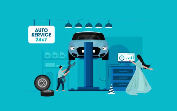 Vector illustration of Car service concept with car on hoist