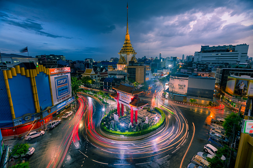 Traffic roundabout in china town, Bangkok city, Tourist destination in Thailand.