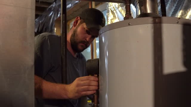 Hand Held Close-Up View of a Man in his Early Thirties Inscpecting a Water Heater inside an Unfinished Basement