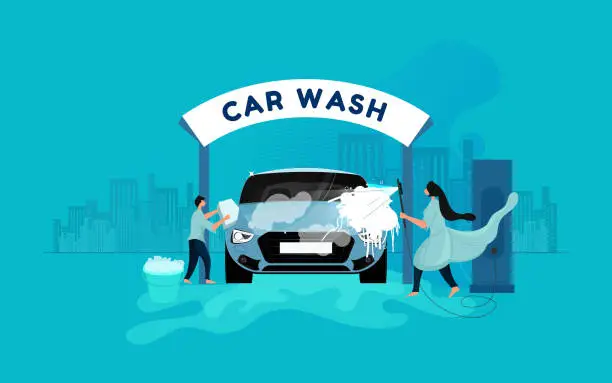 Vector illustration of Car washing and cleaning, Washing of the car with foam at the washing and service station