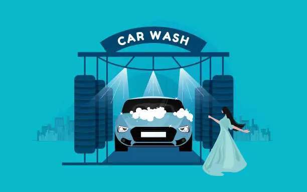 Vector illustration of Automatic carwash service with huge brushes and water shower