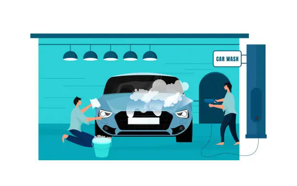 Vector illustration of Guy washing dirty car concept