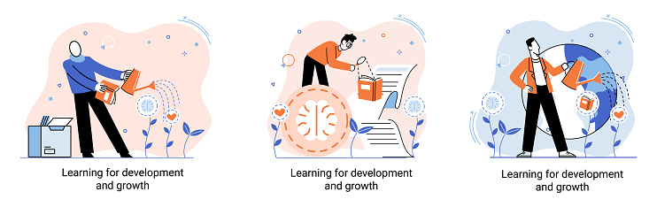 Learning development and growth. Self-learning metaphor, online emoloyee education distance e-learning. Skill improvement. Self development program way to success. Goal achieving professional training