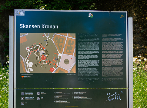 Gothenburg, Sweden - May 30, 2023: Skansen Kronan is an old fortress with a gilded crown on the roof, which stands above Gothenburgs Haga district.