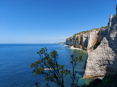 the cliffs at Etretat against a clear blue sky