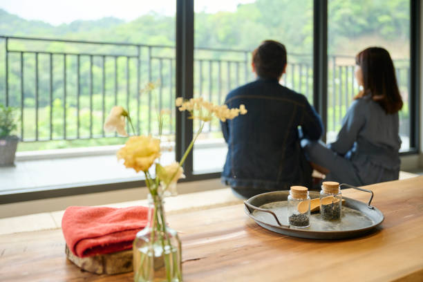 Young Asia couple visit tea garden.