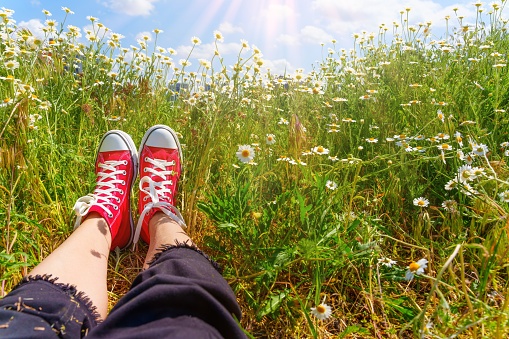 Basking in the warmth of the sun's gentle rays, a pair of feet adorned in red canvas sneakers rest amidst a picturesque field of daisies, with a picturesque view of the blue sky