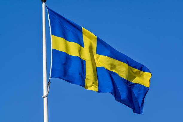 istock Swedish flag on flag pole and clear blue sky 1497348219