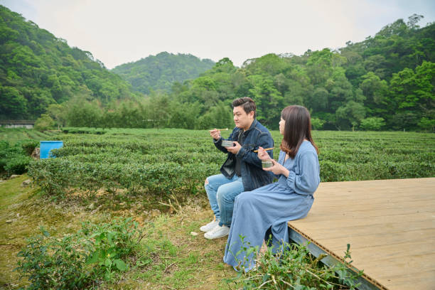 istock Young Asia couple visit tea garden. 1497348430