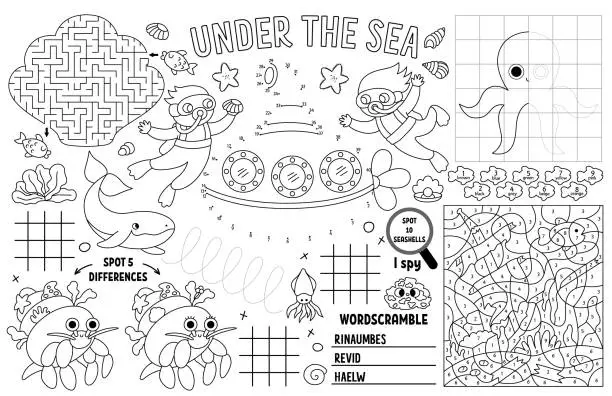 Vector illustration of Vector under the sea placemat for kids. Ocean life printable activity mat with maze, tic tac toe charts, connect the dots, find difference. Underwater black and white play mat or coloring page