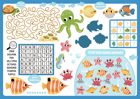 Vector under the sea placemat for children. Ocean life printable activity mat with maze, word search puzzle, shadow match, find difference. Underwater play mat, menu, kids magazine spreadsheet