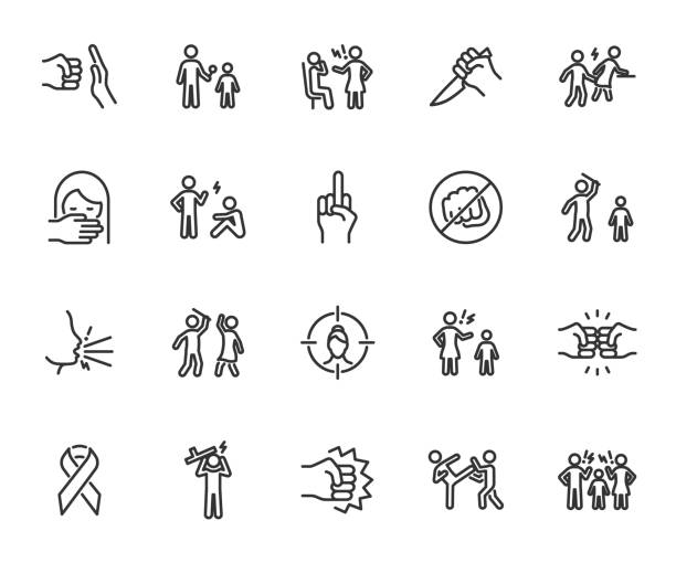 Vector set of violence line icons. Contains icons harassment, abuse, profanity, bullying, assault, domestic violence, fight, insult, victim, molestation and more. Pixel perfect. Vector set of violence line icons. Contains icons harassment, abuse, profanity, bullying, assault, domestic violence, fight, insult, victim, molestation and more. Pixel perfect. humiliate stock illustrations