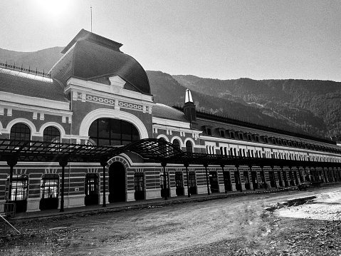 Canfranc train station in Huesca, Spain, shot in black and white