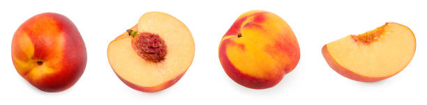 istock peach fruits isolated on white background. clipping path 1497351452