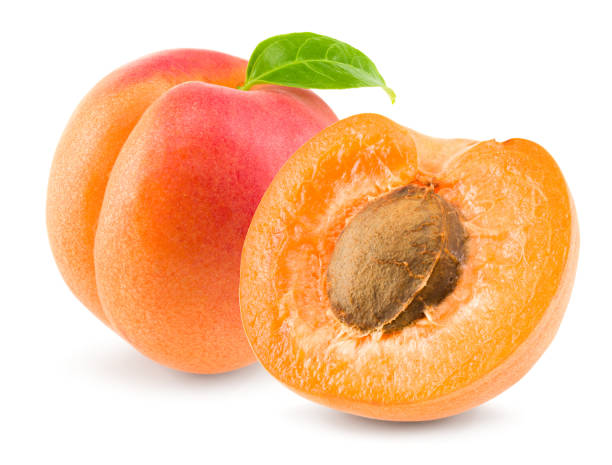 istock apricot fruit with green leaf isolated on white background. clipping path 1497351520