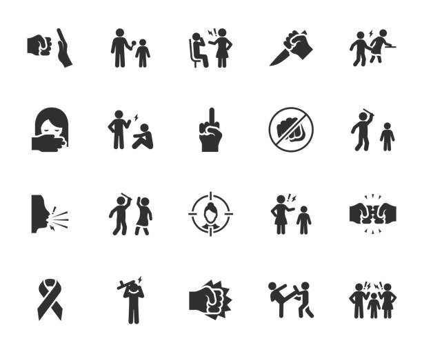 Vector set of violence flat icons. Contains icons harassment, abuse, profanity, bullying, assault, domestic violence, fight, insult, victim, molestation and more. Pixel perfect. Vector set of violence flat icons. Contains icons harassment, abuse, profanity, bullying, assault, domestic violence, fight, insult, victim, molestation and more. Pixel perfect. humiliate stock illustrations