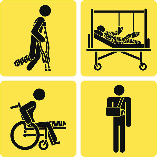 Universal Signs - Broken Bones A series of simple, universal sign icons depicting people with broken bones. Includes icons of a person on crutches, a person in a hospital bed in a full-body cast, a person in a wheelchair with a broken leg, and a person with a broken arm in a shoulder sling. standing on one leg not exercising stock illustrations