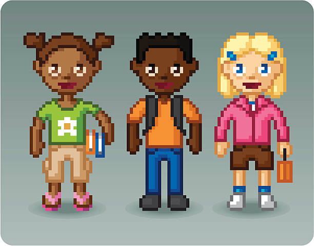 Pixelated Elementary School Kids A pixelated cartoon illustration of some elementary school age children of mixed genders and ethnicities. They are in different poses—one holding some school books, one wearing a backpack, and one holding a lunchbox—on a plain slate-colored background. short hair girl stock illustrations