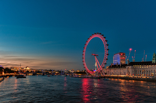 London, England - Sep 7, 2021: The London Eye, or the Millennium Wheel at sundown.
