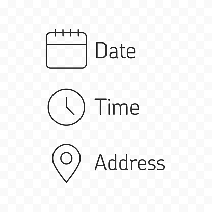 Date and time location address icon set. Calendar, clock, address, location symbol on transparent background. Sign event data with  easily editable thin style design line art. Vector stock illustration.