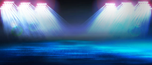 istock Dark blue backlit background. Concrete wall and floor with light, use for product display for presentation and cover banner design. 3D illustration 1497357032