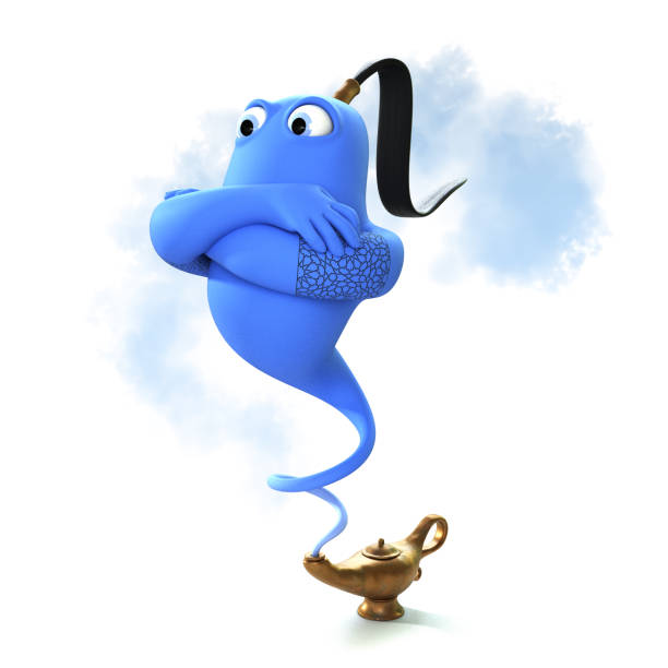 Aladdin and oil lamp - 3D illustration - White background - Blue character