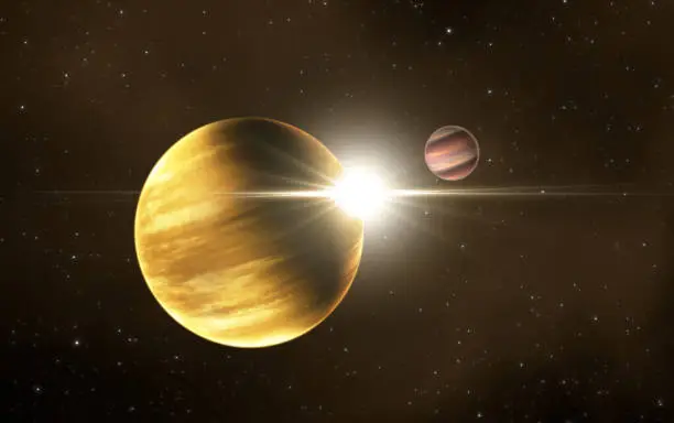 Extrasolar gas giant planet with extrasolar gas moon, exomoon in deep space. 3d illustration