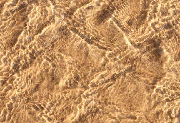 istock Sand texture pattern with transparent clear sea water waves reflection,Abstract Sun lights on water surface over brown sand ripples with pebble.Sea bottom background banner for Summer Beach Vocation 1497360720