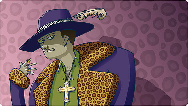 Pimp A sly, sinister-looking pimp poses in front of a pink leopard-skin background with his head cocked, and his arm raised to show off his diamond rings. He's wearing a purple hat with a zebra-skin band and a feather in it; a purple jacket with leopard-skin cuffs and lapels; a green button-up shirt with the top buttons undone, exposing his hairy chest; and an oversized, golden, diamond-encrusted crucifix necklace. pimp stock illustrations