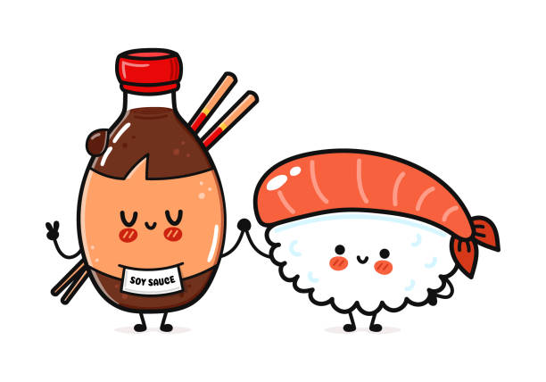 ilustraciones, imágenes clip art, dibujos animados e iconos de stock de sushi y salsa de soja concepto amigos - japanese cuisine soy sauce food bonito