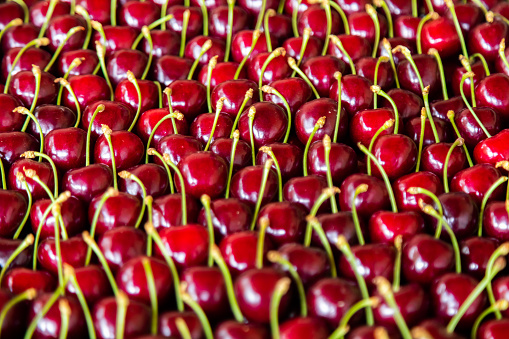 Texture of ripe cherries in a row