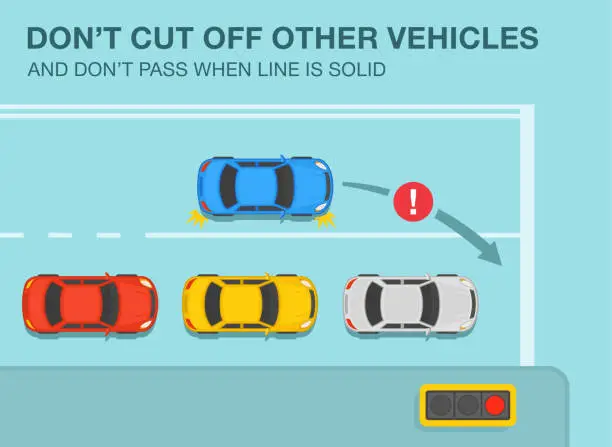 Vector illustration of Sedan car driver cuts off other cars at traffic light. Don't cut off other vehicles and no passing when line is solid warning. Changing lanes while driving a car.