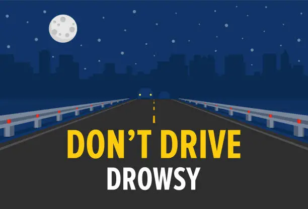 Vector illustration of Safe driving tips and rules. Do not drive drowsy. Night city highway.