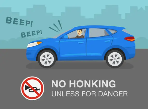 Vector illustration of Aggressive and angry suv car driver is honking horn for no reason. Side view of a city street. No honking unless for danger warning design.