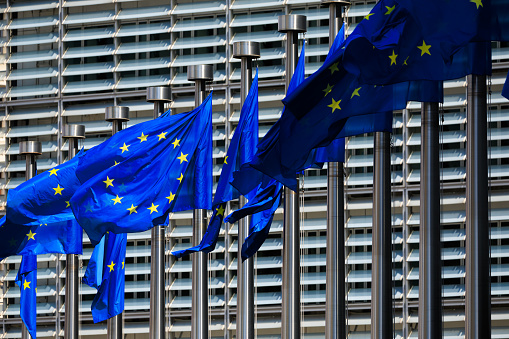 European flags in front of the Berlaymont building, headquarters of the European Commission in Brussels, Belgium. The Commission promotes the general interest of the EU by proposing and enforcing legislation as well as by implementing policies and the EU budget