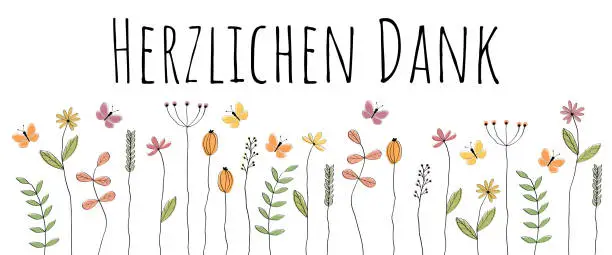 Vector illustration of Herzlichen Dank. German thank you phrase. Thank you card with lovingly drawn butterflies and flowers.