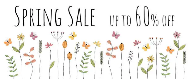 Vector illustration of Spring Sale up to 60% off. Sales banner with butterflies over a flower meadow.