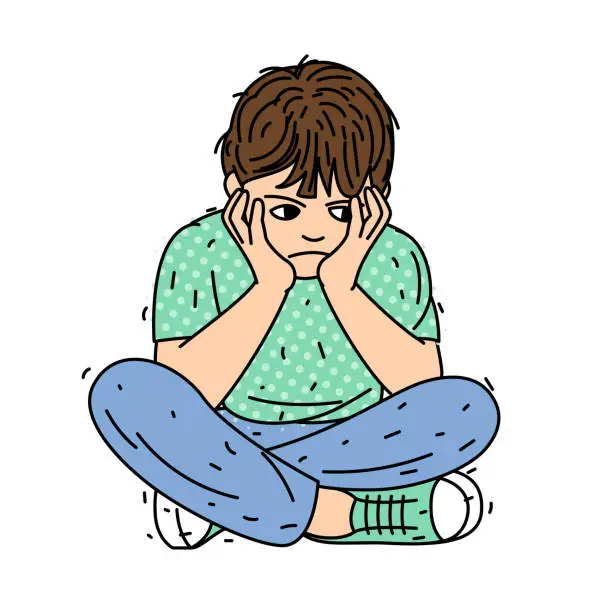 Vector illustration of Sad little boy sitting alone