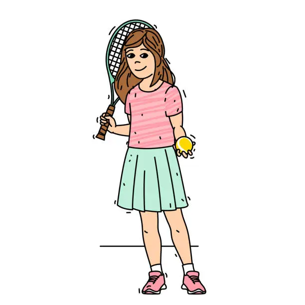 Vector illustration of Cute girl with a tennis racket and ball