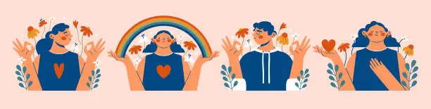 Vector illustration of World Mental Health Day. Mental health support concept. Set of cute clip arts with women, man, okay gesture, rainbow, text, flowers, heart. pesons, who holding rainbow and show okay gest. Flat style.
