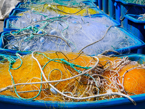 Background of multicolor fishing nets in Brittany in France