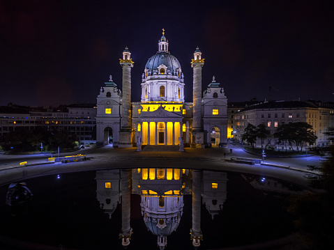 Vienna, Austria - October 07, 2016: Vienna at night. St. Charles's Church. Austria. Karlskirche. Karlsplatz.