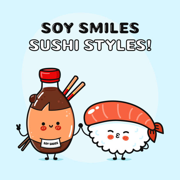 ilustraciones, imágenes clip art, dibujos animados e iconos de stock de sushi y salsa de soja carácter. vector dibujado a mano dibujos animados personajes kawaii, icono de ilustración. divertido dibujo animado feliz sushi y salsa de soja amigos - japanese cuisine soy sauce food bonito