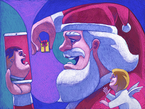 digital painting / raster illustration of Santa Claus video chatting with happy kid