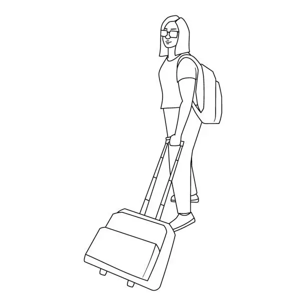 Vector illustration of A Woman Ready to Travel Line Art.
