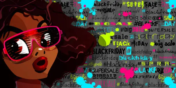Vector illustration of Seasonal sales concept in cartoon style. Black Friday. Surprised by big discounts young beautiful african american woman on abstract color seamless background with text and hashtags. Bright creative holiday poster or banner.