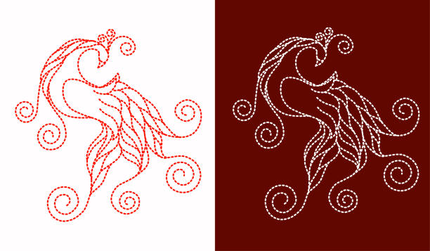 Set red and white firebird dotted line Phoenix (Firebird) from fairy tale. Page of coloring book. Vector illustration isolated on white background. firebird logo stock illustrations